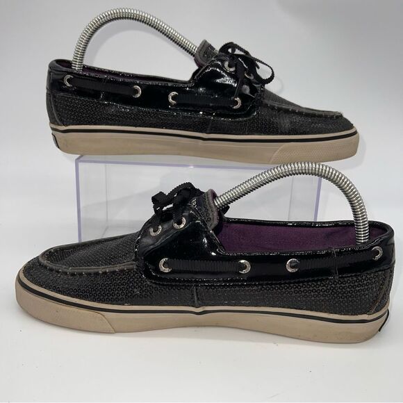 Sperry Top-Siders Black Sequined Covered Deck Shoes w/Ribbon Laces - Picture 2 of 10
